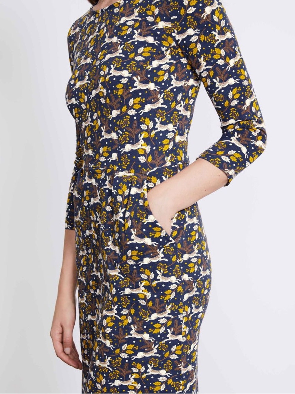 Boden Navy Floral & Hare Print Long Sleeve Dress